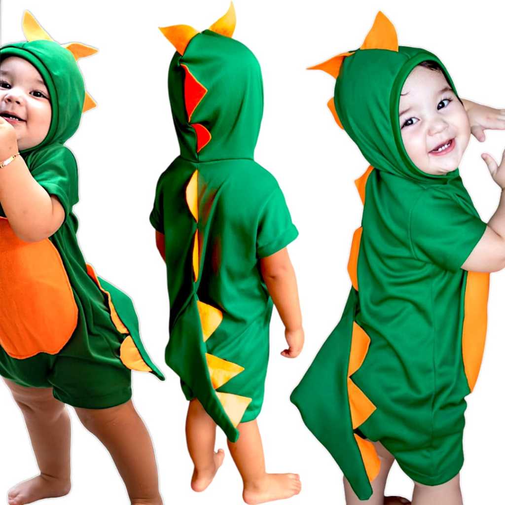Macacão Dinossauro Fantasia Infantil Menino Curto Bebê Luxo Verde Pijama Kigurumi Pronta Entrega