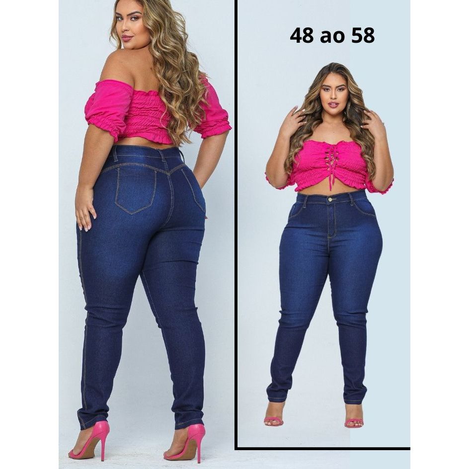 Calça jeans feminina plus size elastano premium cintura alta lycra strech curve