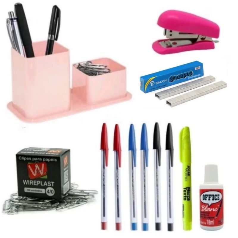 kit Material Escritório, faculdade, 12 itens, Porta canetas, grampeador, clips, marca texto