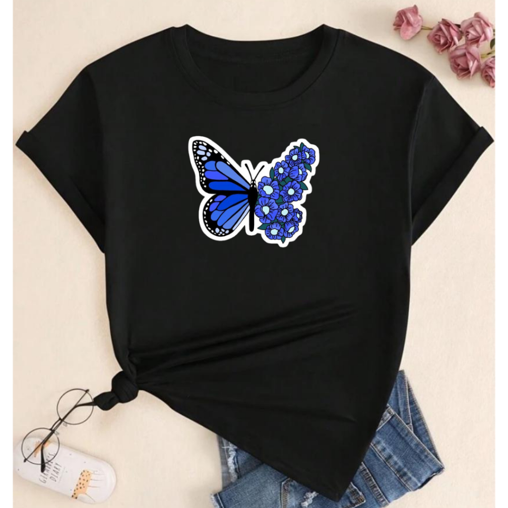 Camiseta Feminina Borboleta Azul Delicada Charmosa Casual Algodão