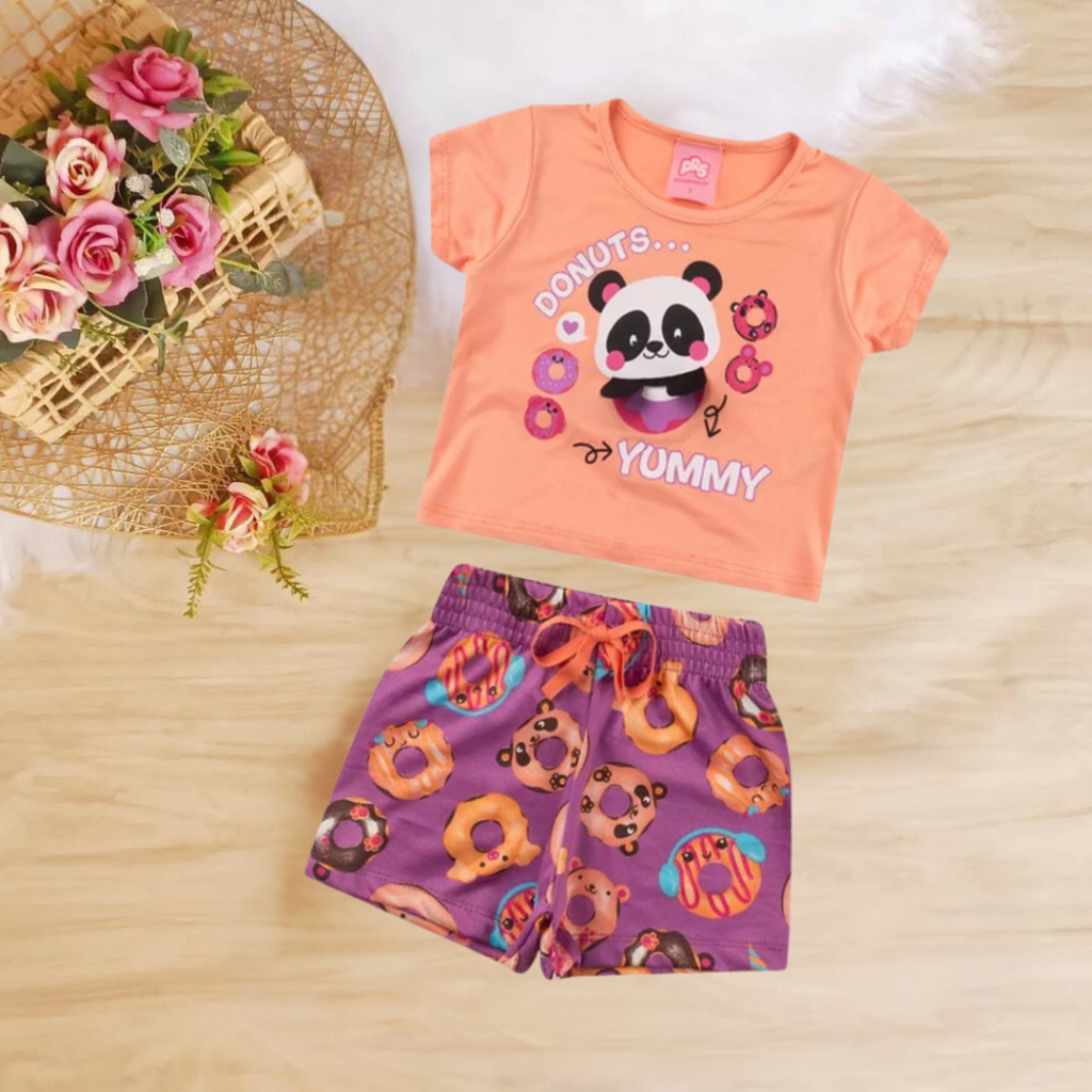 Conjunto Infantil Verão Infantil Feminino PANDA DONUTS (Cropped Laranja + Shorts Roxo) Menina