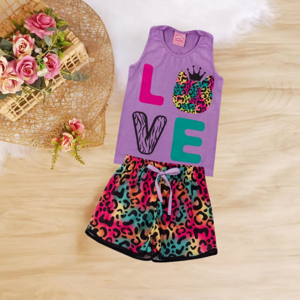 Conjunto Verão Infantil Feminino ONCINHA (Regata + Shorts Estampados) Combinadinho Meninas