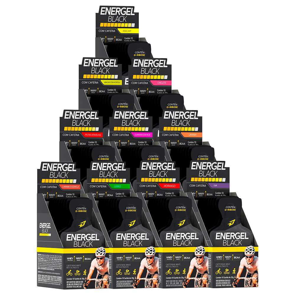 Kit 10x Caixas Energel Black C/ Cafeína Bodyaction - Gel de Carboidratos Total 100 Sachês (Carbogel)