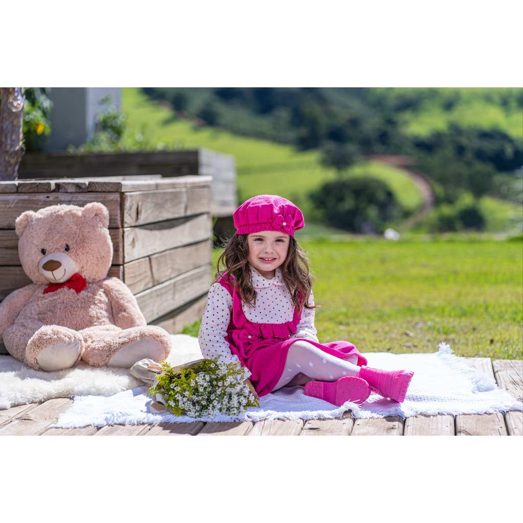 Vestido Inverno Infantil Tricot com Boina Roupa para Menina de 1 a 7 anos com Manga Longa e Bolinhas