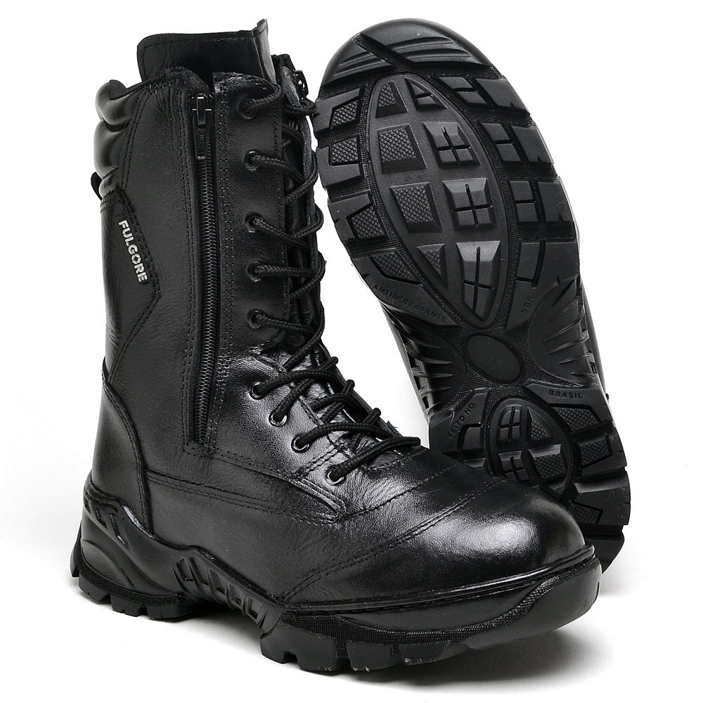 BOTA COTURNO 2 ZÍPERES FULGORE MILITAR CADARÇO CANO MEDIO MILITAR TATICO POLICIA EM COURO PRETO