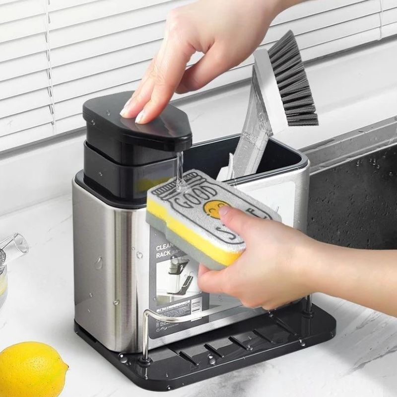 Dispenser Em Aço Inox Porta Detergente E Esponja 3 Em 1 Escorredor Talheres Utensilios de Cozinha
