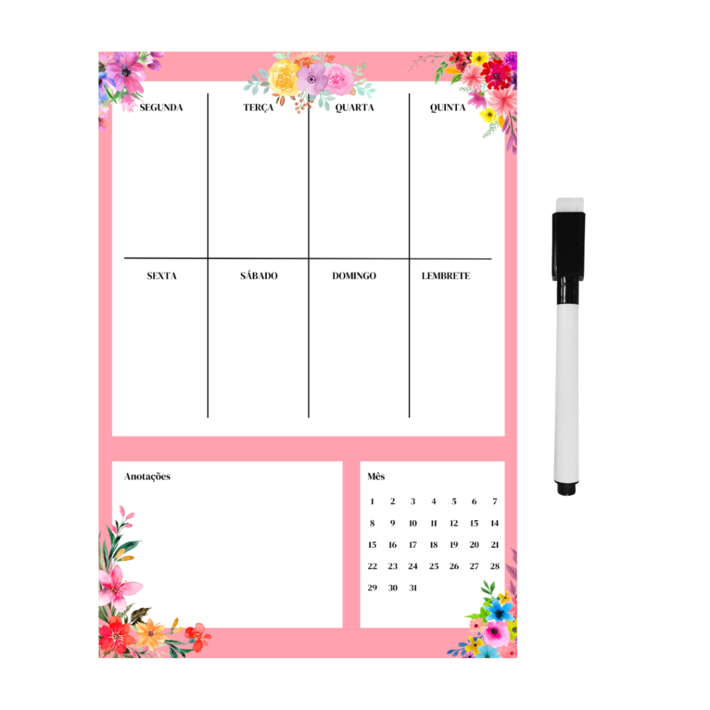 Ima De Geladeira Lembrete Organizador Planner Mensal Semanal Planejamento Magnético Rosa Com Caneta