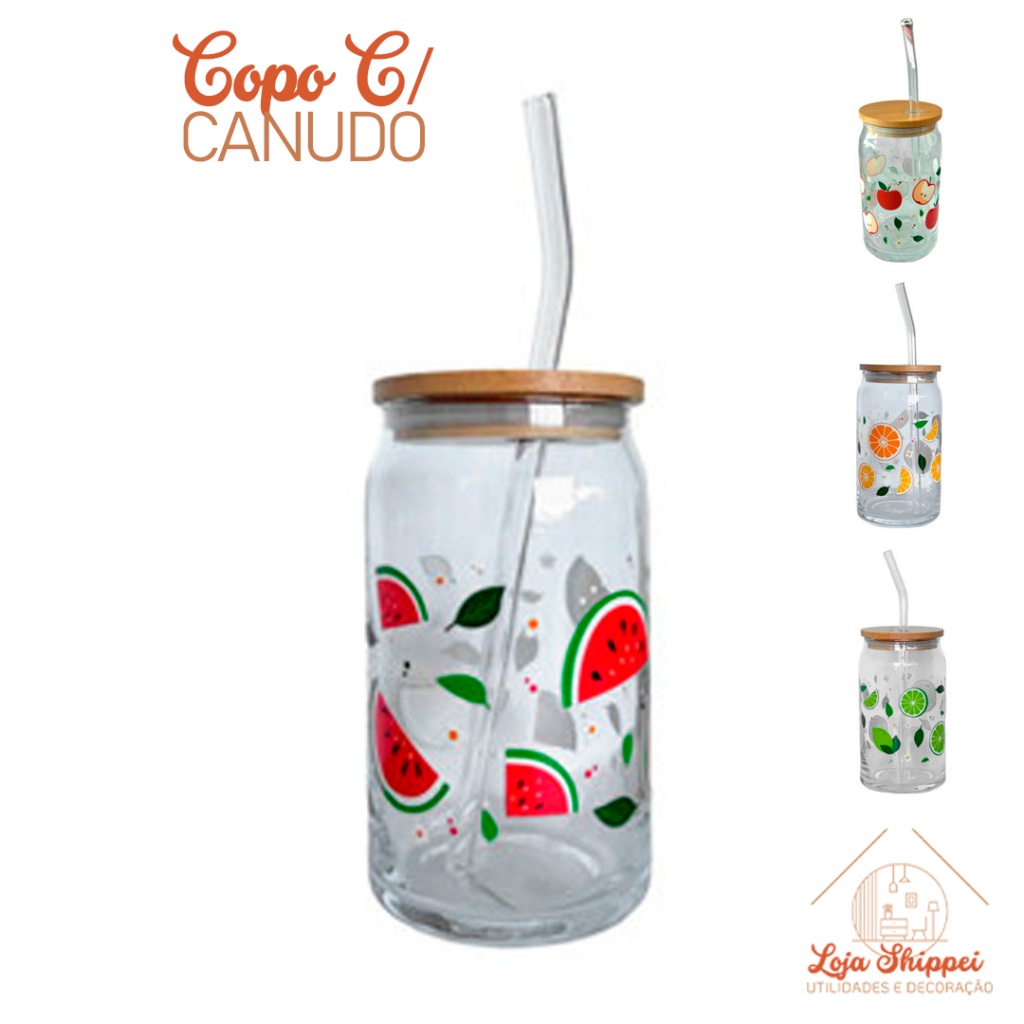 Copo de Café com Tampa de Bambú c/Canudo de Vidro com 470ml Decorativo Suco Chá em Oferta na Shopee