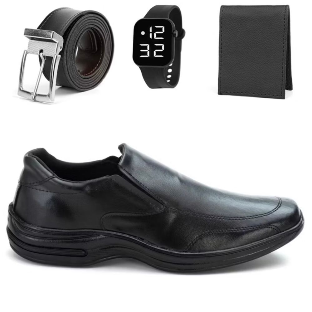 Kit Sapato Social Masculino Elegante De Couro Legitimo Ortopedico Confortável Macio Ant-Stres + Cinto Carteira e Relogio