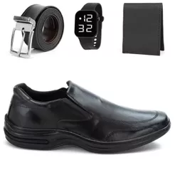 Kit Sapato Social Masculino Elegante De Couro Legitimo Ortopedico Confortável Macio Ant-Stres + Cinto Carteira e Relogio