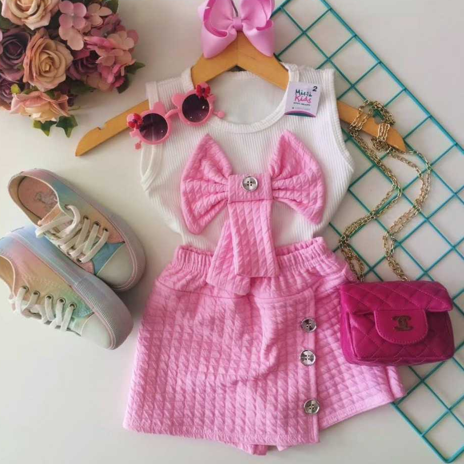 conjunto infantil menina short Saia e blusa laço luxo Roupa de menina infantil verão calor moda