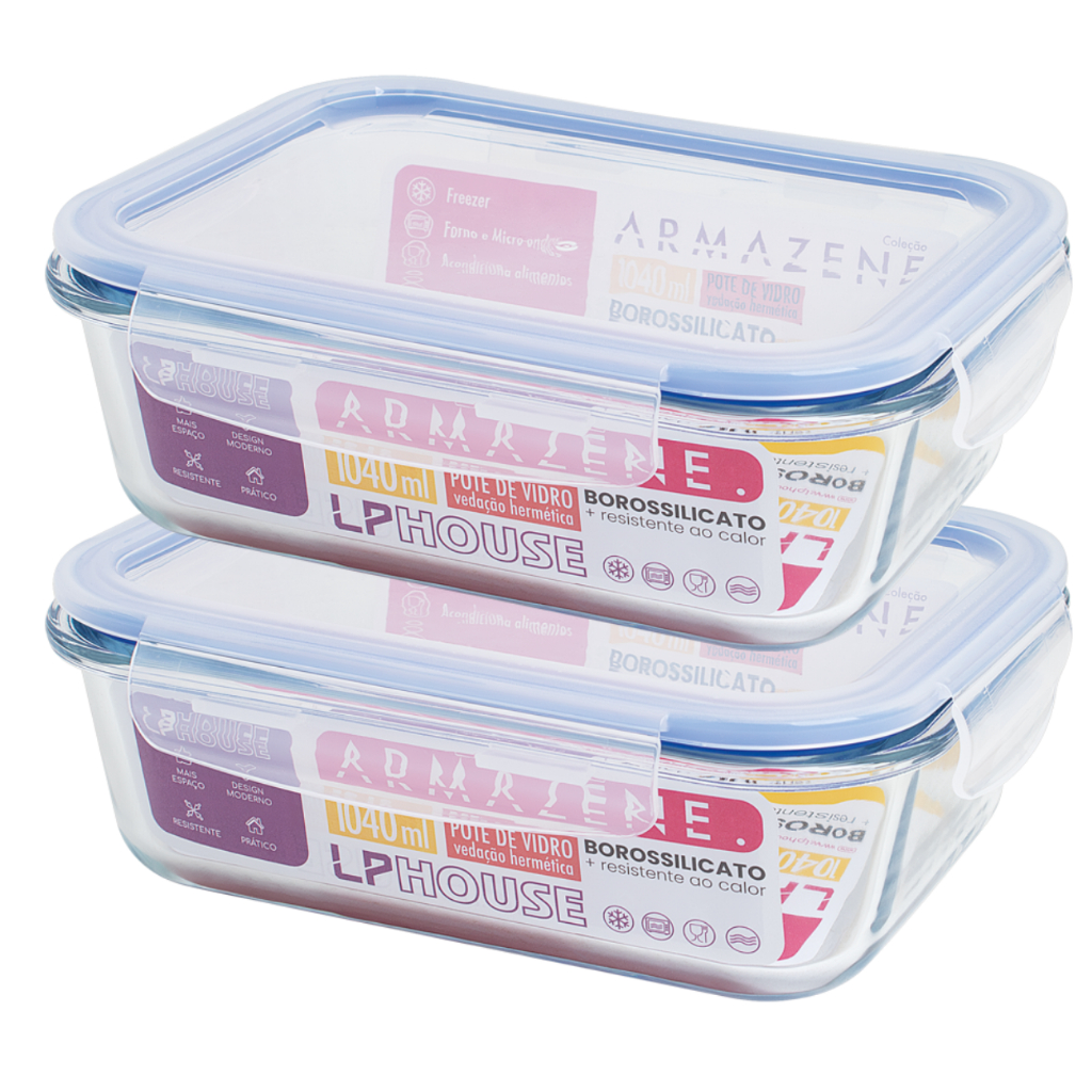 Conjunto 2 Potes 640ml Vidro Hermético 4 Travas Alta Vedação Marmita em Oferta na Shopee