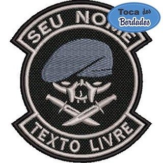 Caveira Bordada c/ Seu Nome 9,5x8 cm Cód.2477 - Personalizado com Texto Livre Patch Bordado Segurança Vigilante Escolta