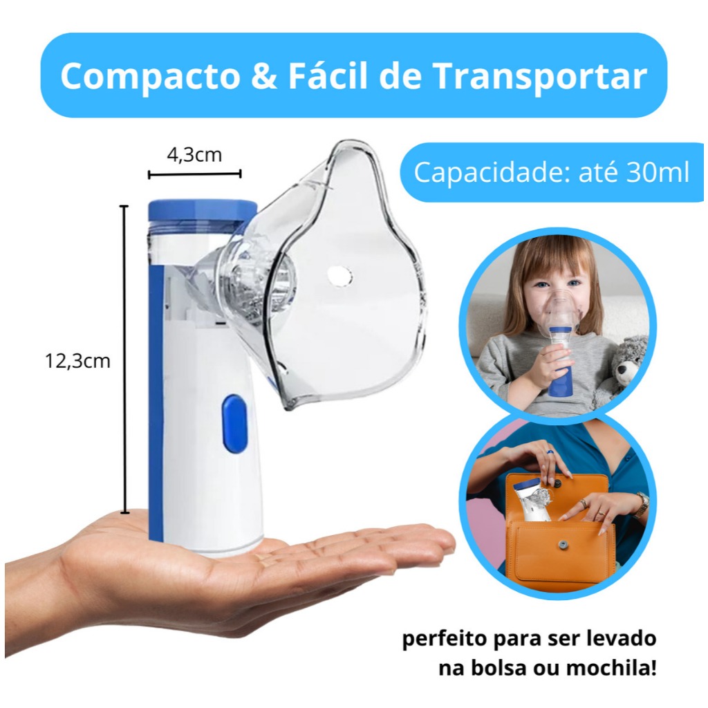 Nebulizador Inalador Portátil Bivolt Mesh Ultrassônico Sem Fio Recarregável Silencioso USB a Pilha