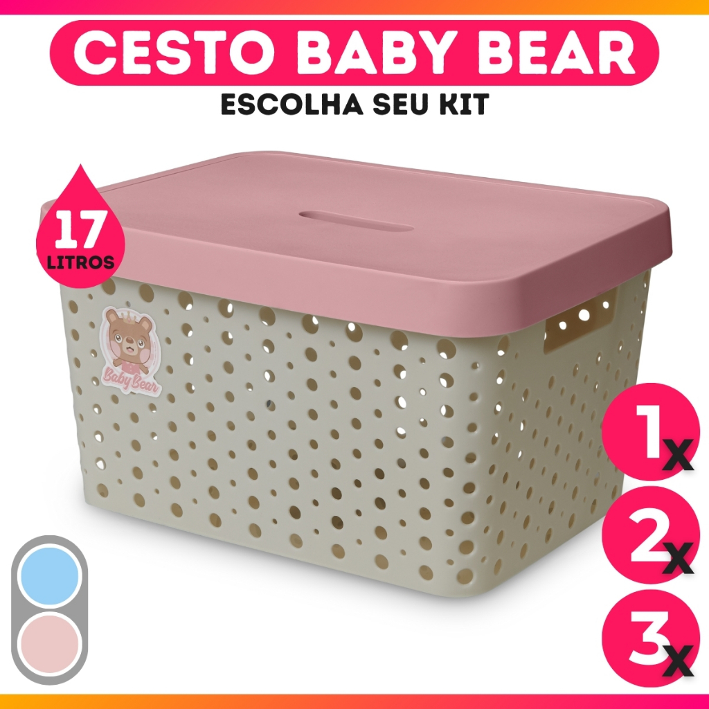 Caixas Organizadoras 17L Grande Baby Bear Trama Rattan Pequena 4,5L Rosa Azul - Usual