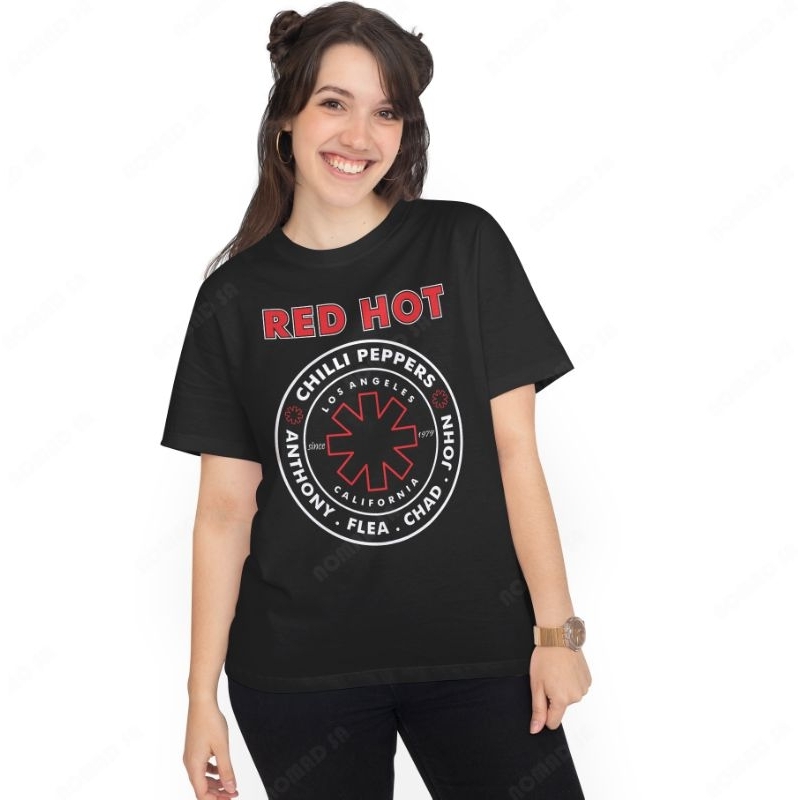 Camiseta 100% Algodão Fio 30.1 Estampada a mão Frente e Costa Banda de Rock Red Hot Chilli Peppers