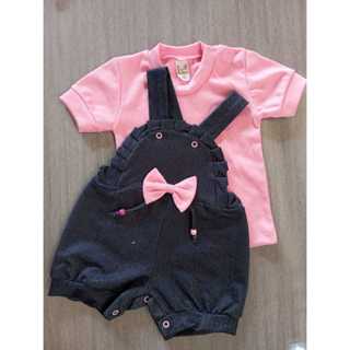 Conjunto Menina Bebê Jardineira Sarja Babado Camiseta Verão Rosa Laço em Oferta na Shopee