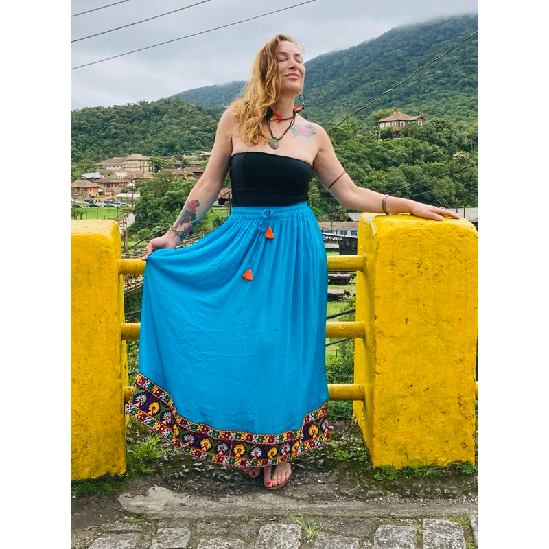 Saia Longa Indiana Bordada Boho Hippie Feminina