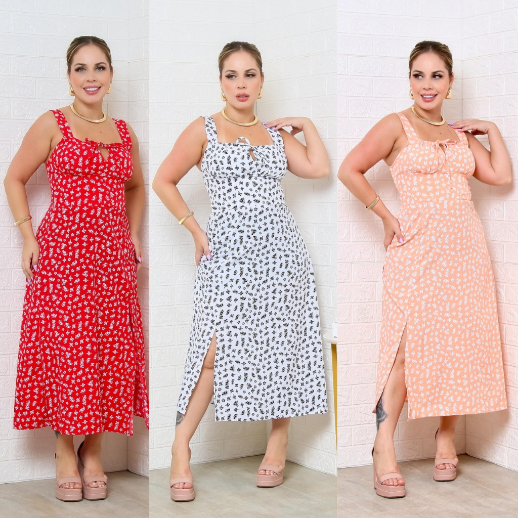 Vestido Camponesa Regata Feminino Com Elástex nas Costas Fenda Lateral Rodado Florido Regulável