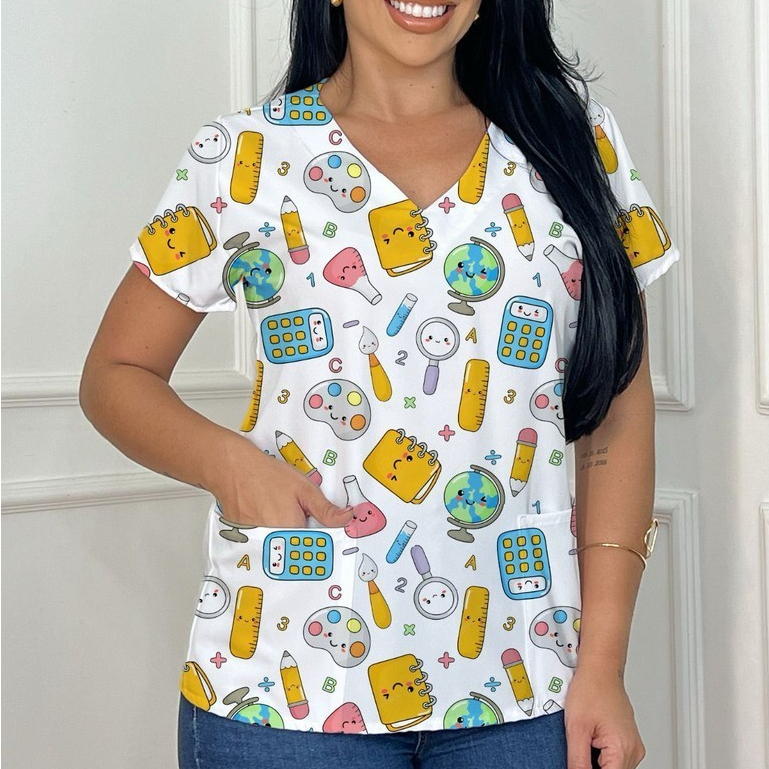 Blusa Bata Scrubs Feminina Baby Look Profissões Professora Educação