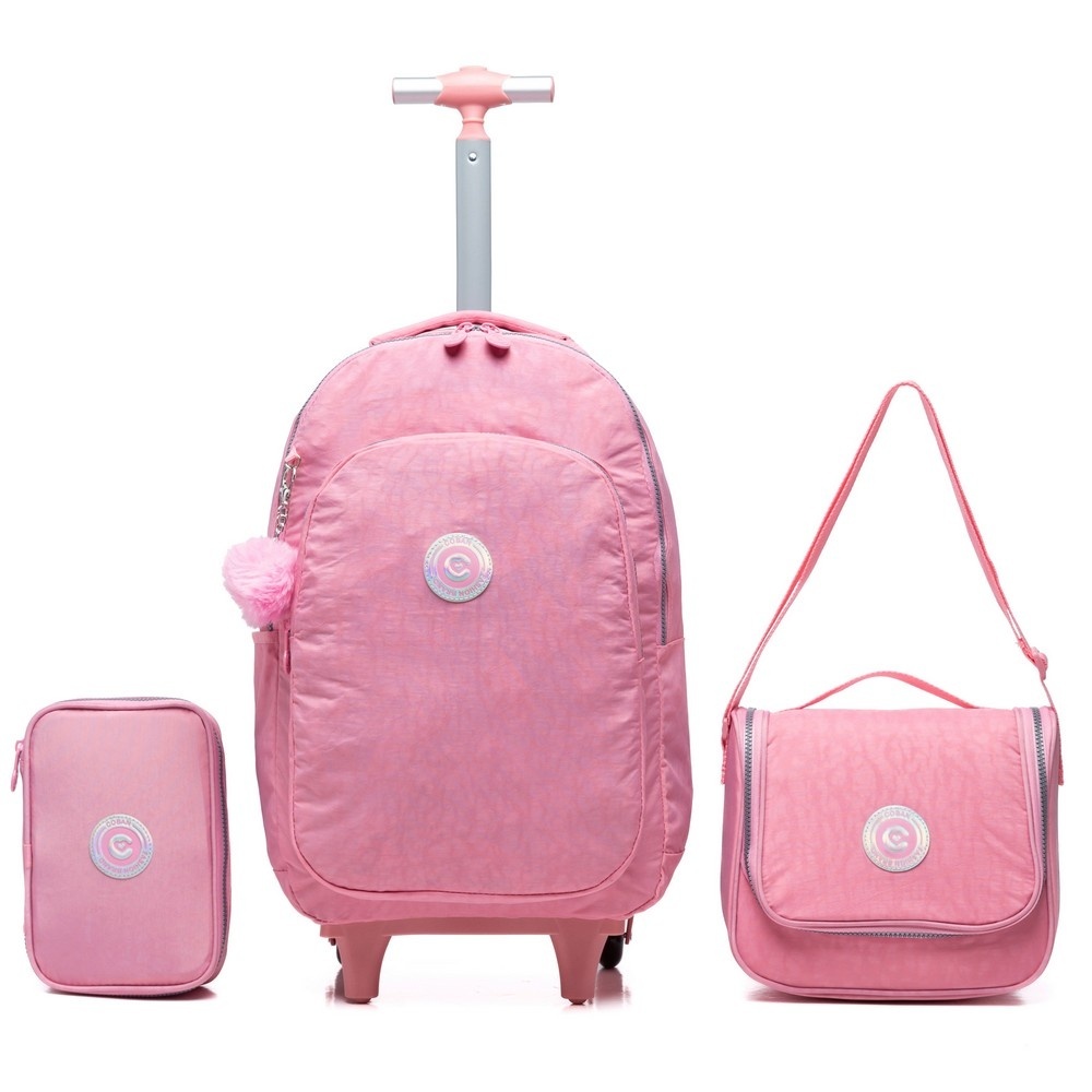 Kit Mochila de Rodinha Lancheira Estojo Juvenil  Feminina Reforçada