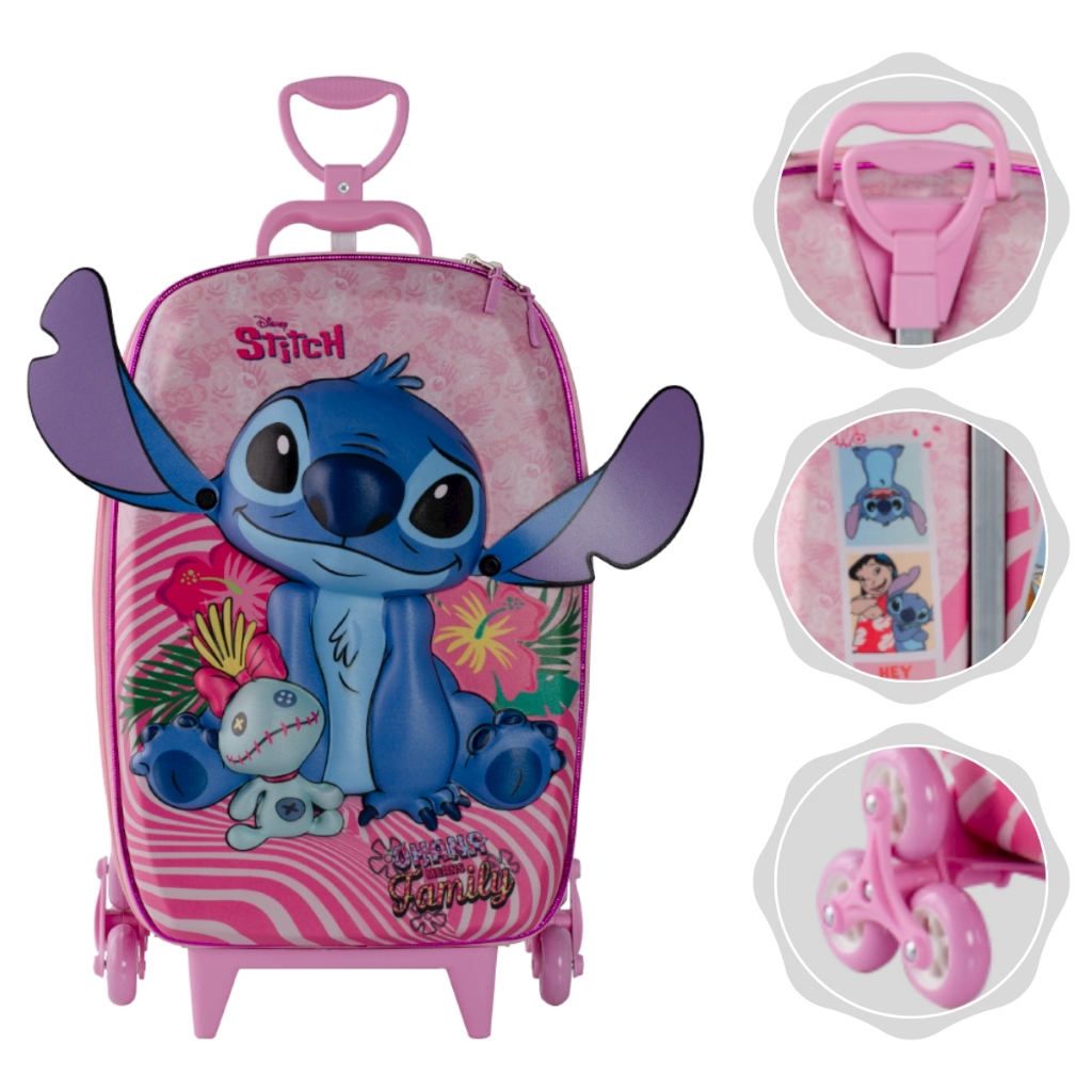 Mochila Infantil Escolar Stitch 3D Disney com Rodinhas e Orelhas que mexe Max To