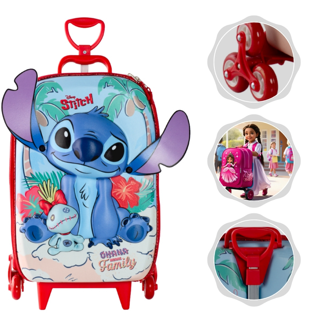 Mochila Infantil Escolar Stitch Praia Disney com Rodinhas e orelhas que se Mexem Max Toy