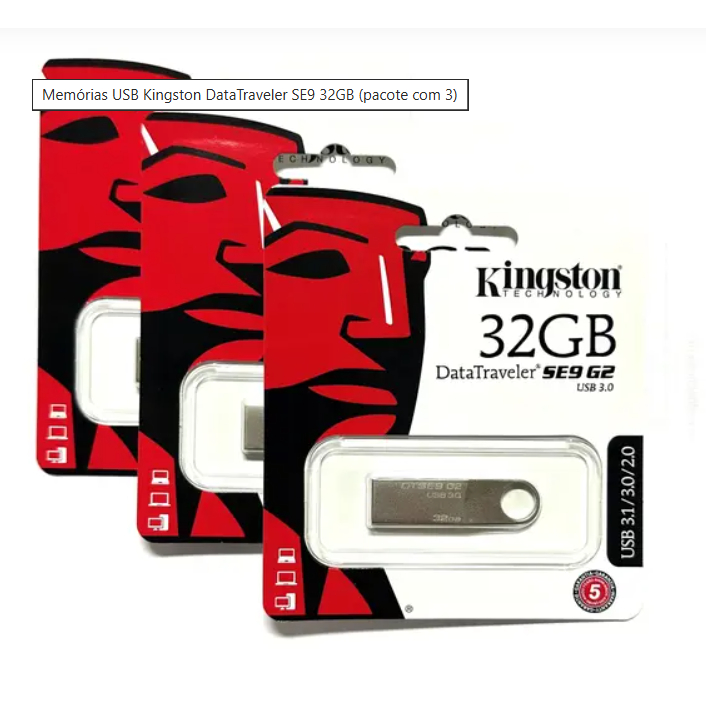 PENDRIVE  4GB/16GB/32GB/64GB/128GB KINGSTON  DATA TRAVELER SE9 USB 3.1/3.0/2.0 em Oferta na Shopee