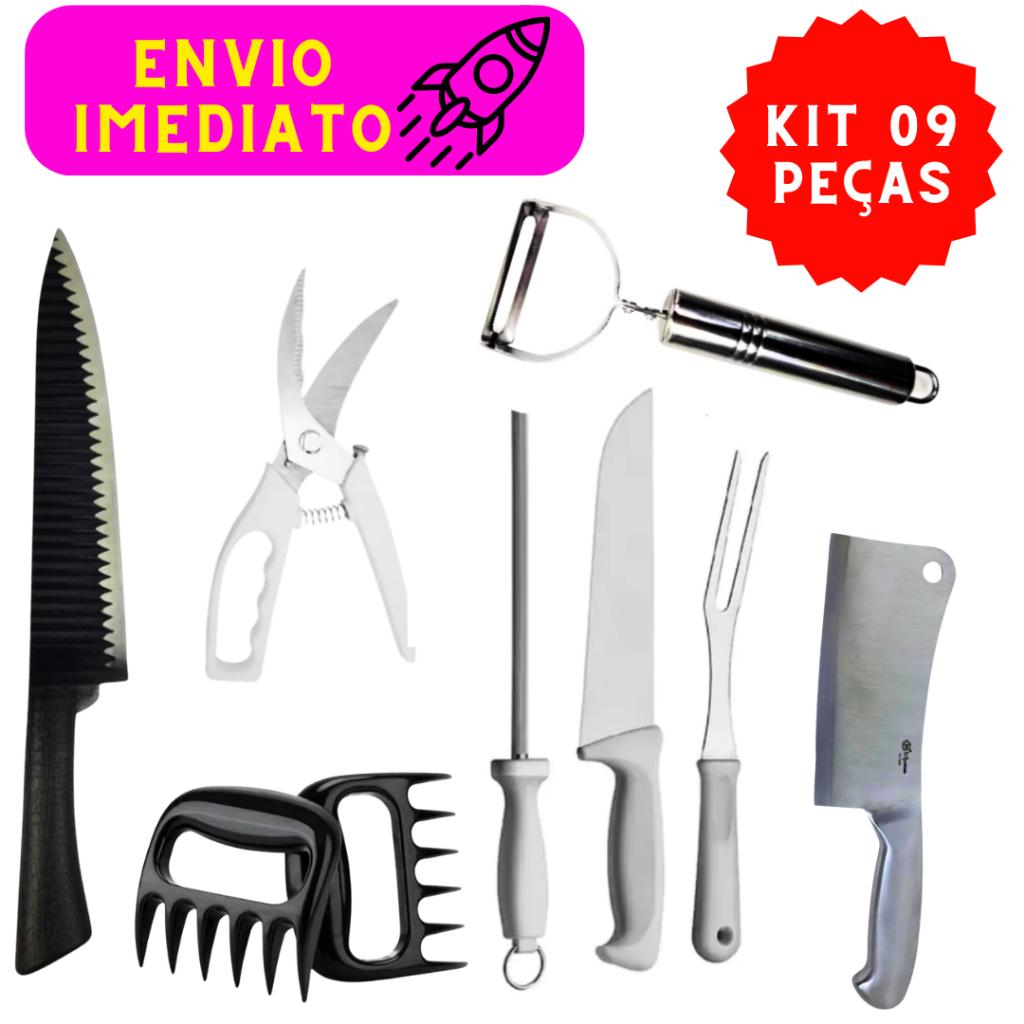 Kit 9 Peças Cozinha Churrasco Garra de Urso Faca Shark Cutelo Inox Descascador Tesoura Chaira Cutelo