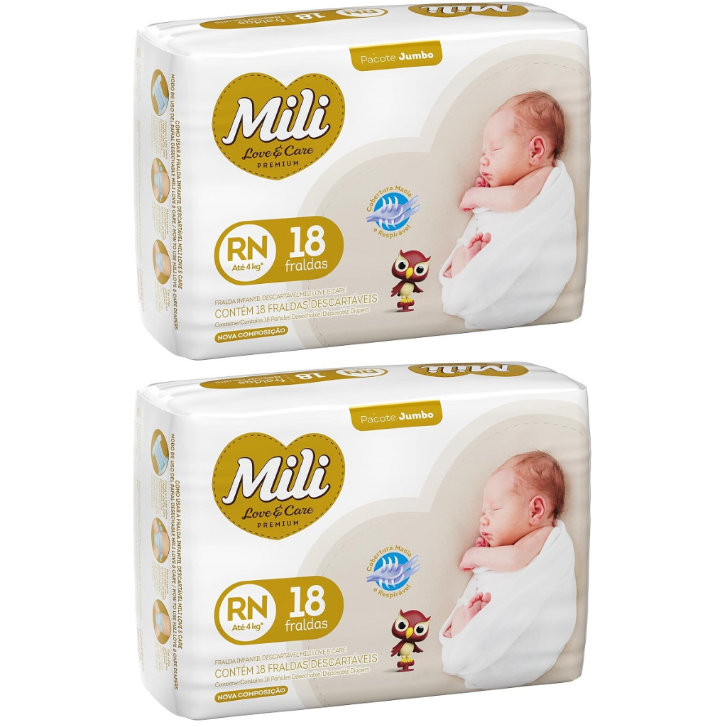Kit 2 Pacotes Fralda Mili Love & Care RN 18un cada até 4 kg - Total 36un