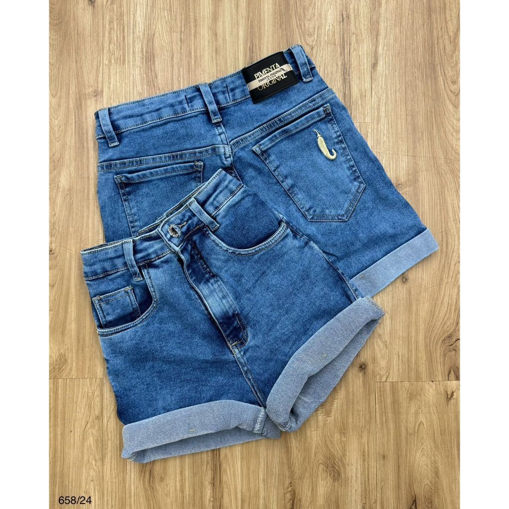 Short jeans feminino sal e pimenta com elastano cintura alta