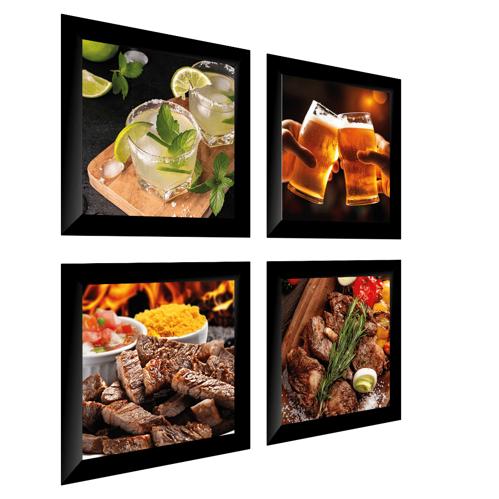 Kit 4 Quadros Decorativos Bar Churrasco Drink Restaurante Bebida Comida 17x17