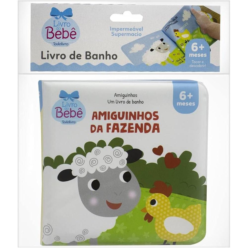 Livro de Banho plástico colorido 15cm 4 folhas Amiguinhos da Fazenda Todolivro