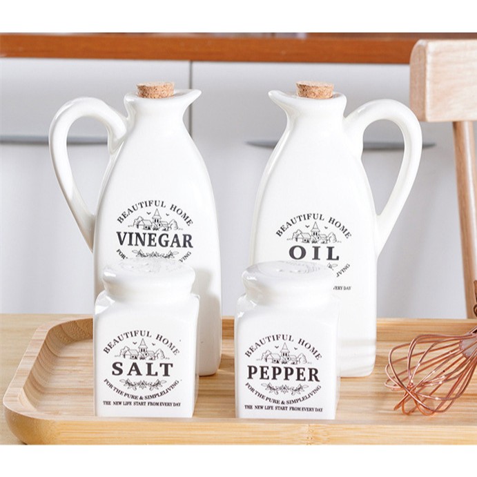 Kit Jogo  Porta Óleo Vinagre  Saleiro+ Pimenteiro+ Galheteiro  De Porcelana Branco Com Tam...