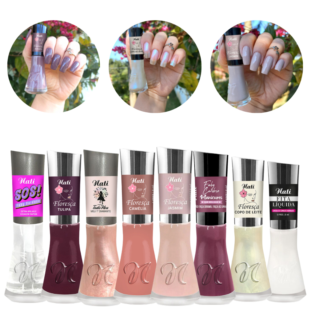 Kit 6 Esmaltes Coleção Floresça Nati + Extra Brilho e Fita Liquida Manicure Lançamento