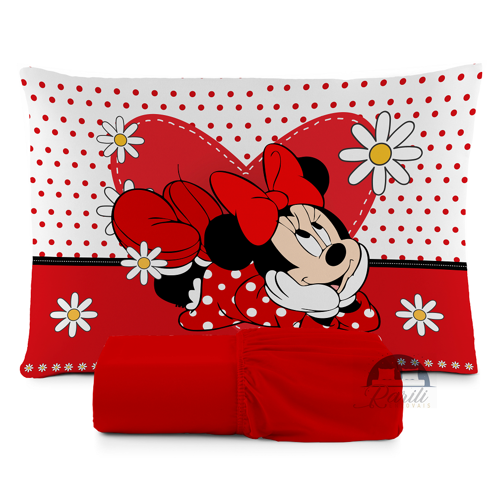 JOGO DE LENÇOL SOLTEIRO INFANTIL MINNIE MARGARIDA VERMELHA FRONHA TRAVESSEIRO, LENÇOL DE ELASTICO