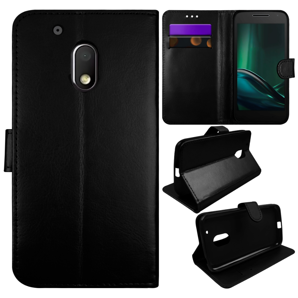 Capa Capinha Carteira Flip Abre e Fecha Couro Sintetico Para Moto G4 Play XT1602 Tela 5.0  (Preto Liso B)