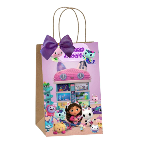 Sacolinhas Kraft Personalizadas Tema Casa Magica da Gabby Festa de Aniversário Doces Balas Lembrancinhas Acompanha Laço