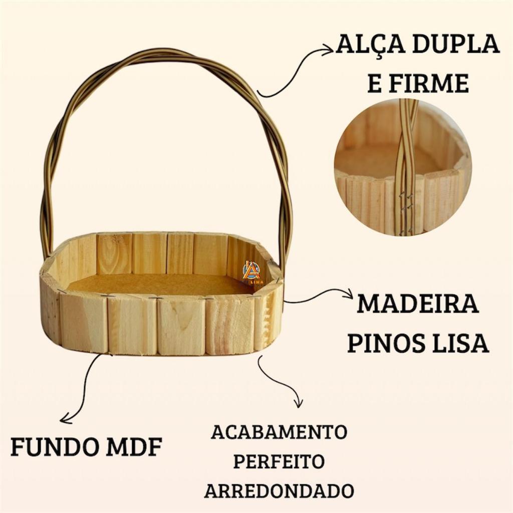 Kit 20 Cestas Madeira Oval com Alça Presente Chocolates Cosmeticos Decorativos Tam 22Cm