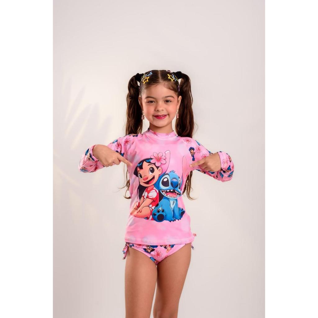 Biquínis Infantil Stitch Com Blusa Proteção Térmica Uv50 Menina Verão Rosa