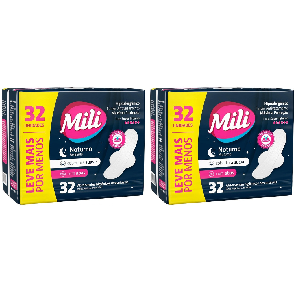 Kit 2 Pacotes Absorvente Mili Noturno Suave c/abas -32un cada - Total 64un