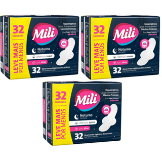 Kit 3 Pacotes Absorvente Mili Noturno Suave c/abas - 32un cada -Total 96un em Oferta na Shopee