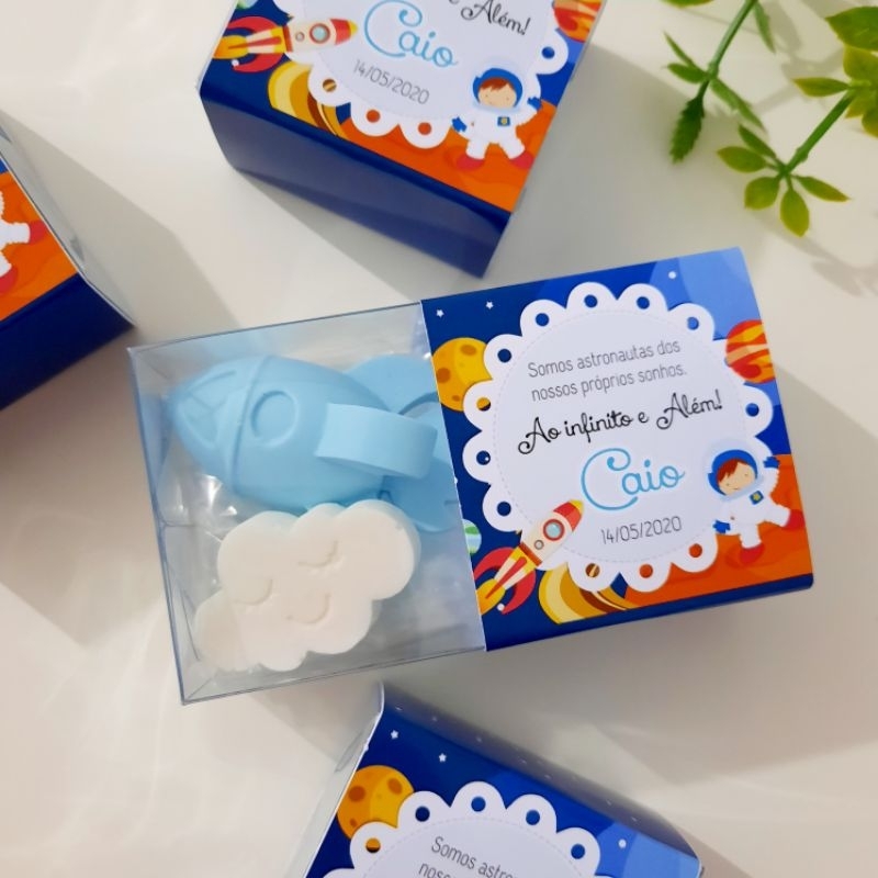 Kit Lembrancinha Astronauta Foguete Sabonete Personalizado Maternidade Aniversário Chá de Bebê