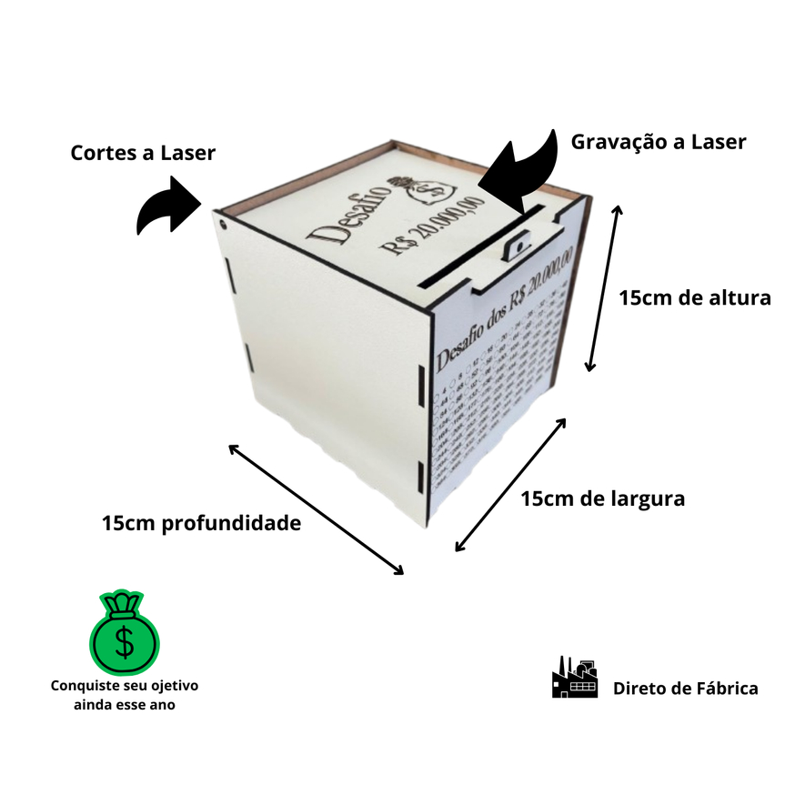 Cofrinho Caixa MDF Desafio 20 Mil 100 Depósitos Organizador de Economia Acompanhe Progresso