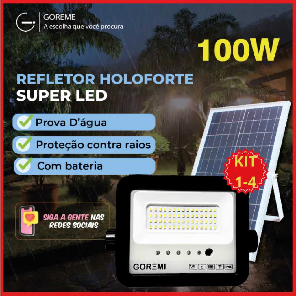 Holofote Refletor Led 100w Solar Prova D'àgua C/placa Solar para Jardim ou Ambientes Externos em Oferta na Shopee