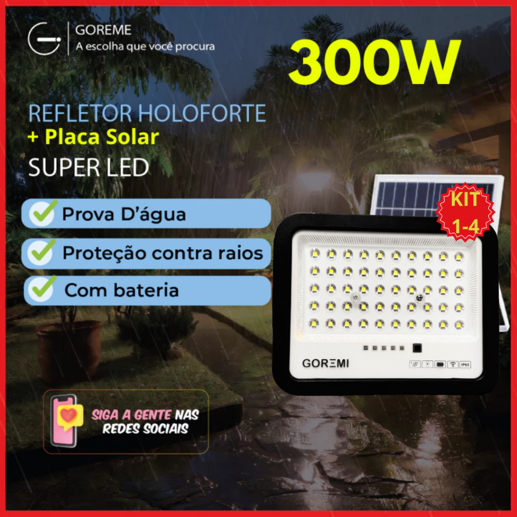 Holofote Refletor Led 300w Solar Prova D'àgua C/placa Solar para Jardim ou Ambientes Externos em Oferta na Shopee