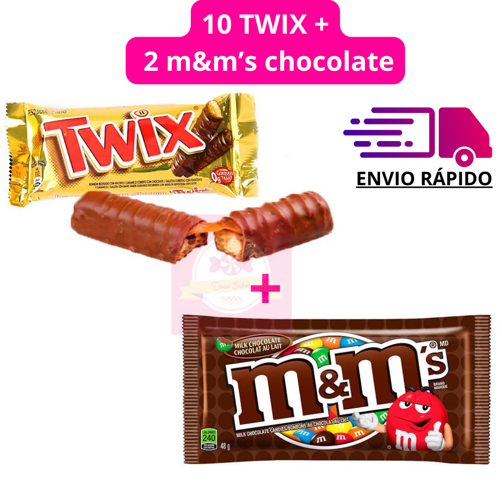Kit 10 Twix Original Crocante Caramelo 15g Mars + 2 M&M's Chocolate ao leite 45g mm