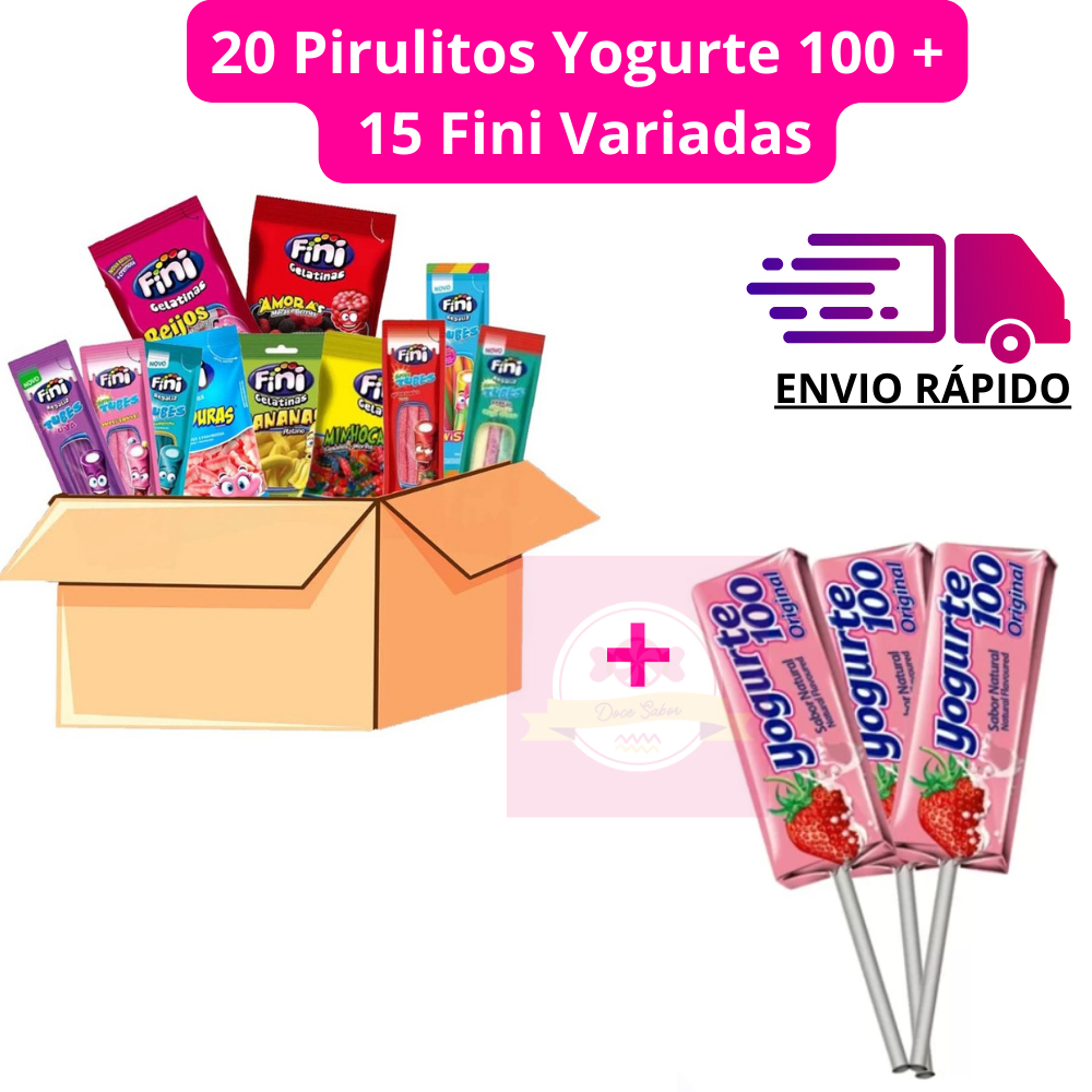 20 Pirulitos Yogurte 100 Mastigável Dori + 15 Balas Fini Sabores Variados 15g