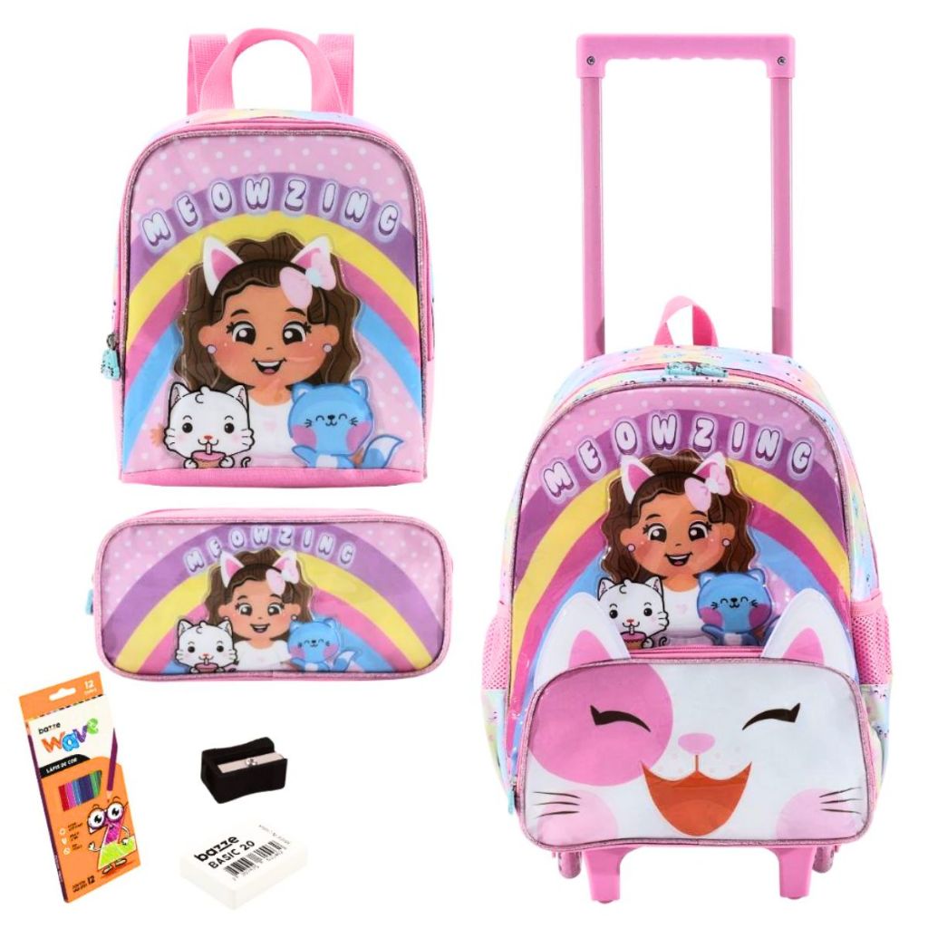 Kit Escolar Mochila Rodinhas Lancheira Térmica Estojo Gatinha