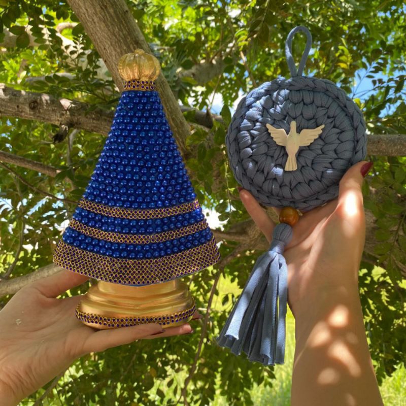 kit Imagem Nossa Senhora Aparecida em Perola + Adorno Divino Espírito Santo